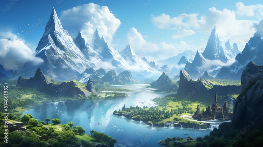 Generate a concept art of a beautiful landscape with a lake, mountains, and a castle Generate a concept art of a beautiful landscape with a lake, mountains, and a castle