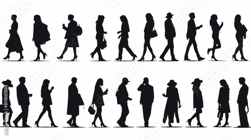 Vector clip art illustration featuring a diverse set of silhouettes depicting people in various walking poses. The collection showcases different styles and movements  perfect for modern graphic