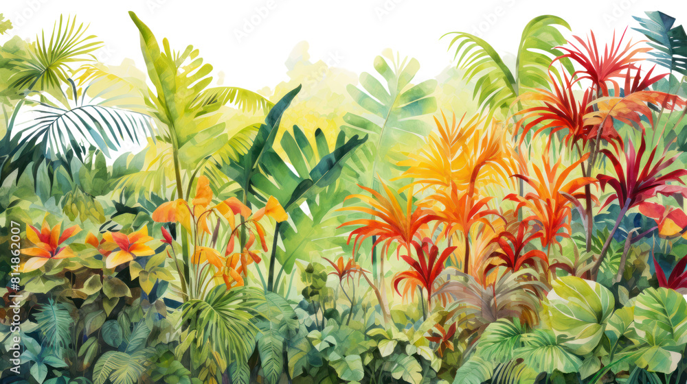 Fototapeta premium watercolor painting of a lush tropical rainforest scene, featuring a variety of Asian tropical leaves isolated on transparent and white background.PNG image.