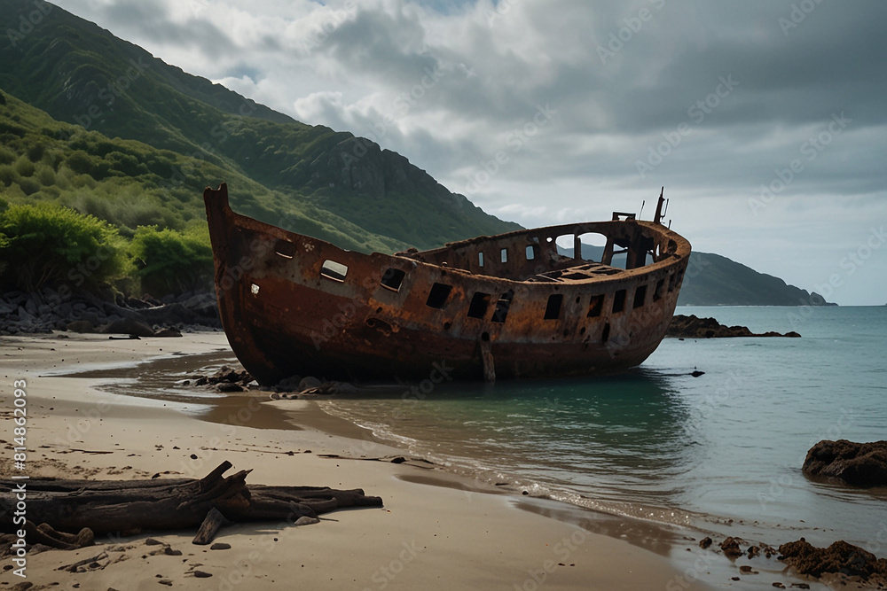 A wrecked ship lies abandoned on the shores of a deep island with no one around A wrecked ship lies abandoned on the shores of a deep island with no one around
