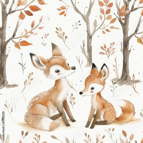 Hand-drawn watercolor illustration of a baby deer and fox playing in a forest  perfect for a baby shower invitation  seamless pattern on isolated background