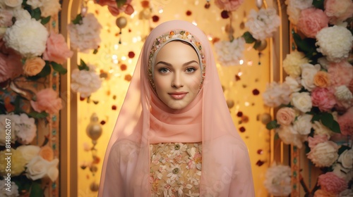 A young woman wearing a pink hijab stands in front of a floral backdrop. She is smiling and looking at the camera.