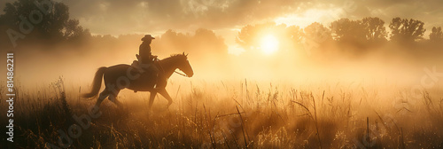A horse and rider emerge from morning mist   symbolizing freedom and early rides photo