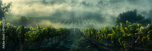 Misty Morning Vineyard  Morning mist over grapevines in wine country   Photo realistic concept capturing the early start in the vineyard
