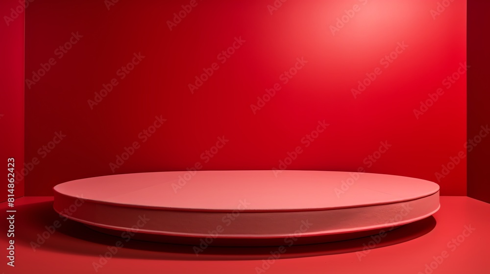 Create a simple 3D rendering of a red room with a spotlight. There is a podium in the center of the room. The room is empty otherwise. Render the image in high quality. Create a simple 3D rendering of a red room with a spotlight. There is a podium in the center of the room. The room is empty otherwise. Render the image in high quality.