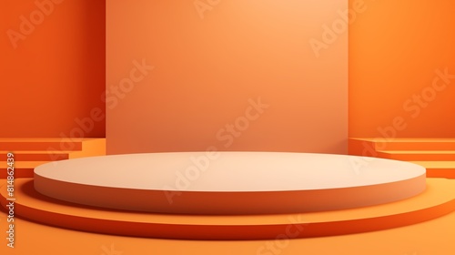 3D rendering of an empty orange stage with stairs. The stage is surrounded by walls and lit by a soft orange light.