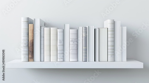 A collection of inspirational business books  carefully aligned on a pure white shelf  radiating knowledge and motivation