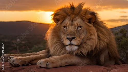 Majestic lion silhouette against vibrant sunset sky  creating a stunning natural scene