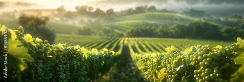 Morning Mist Over Vineyards: Serene Wine Country Landscape Captured in Photorealistic Detail