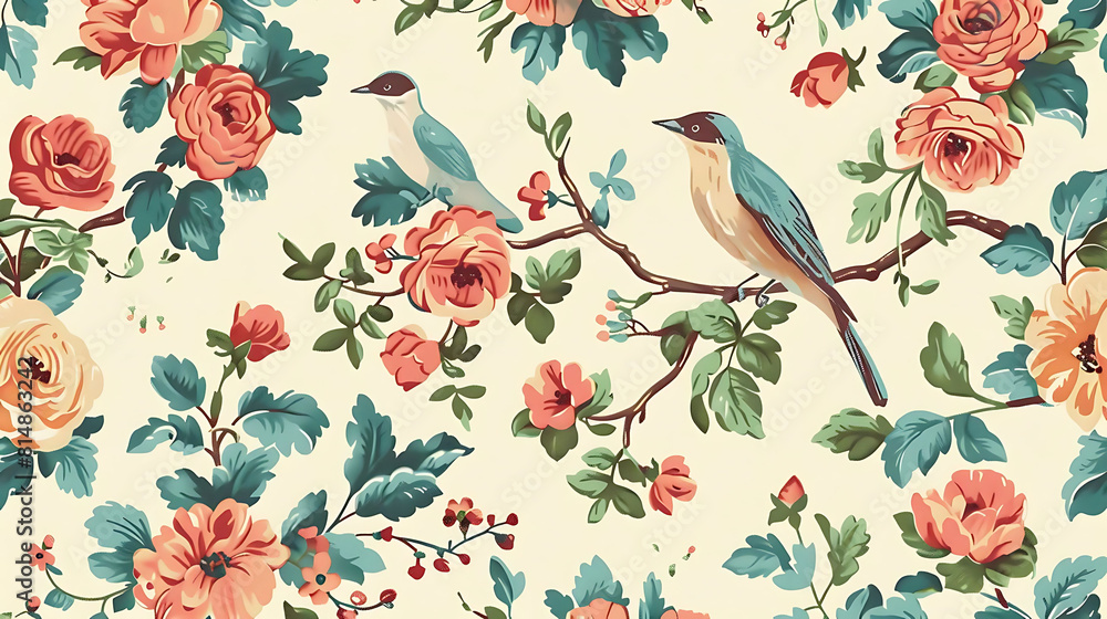 floral pattern with birds on a branch floral pattern with birds on a branch