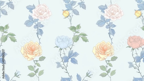 Soft blue background with delicate pastel roses in a seamless pattern  ideal for fabric  wallpaper  or creative design projects