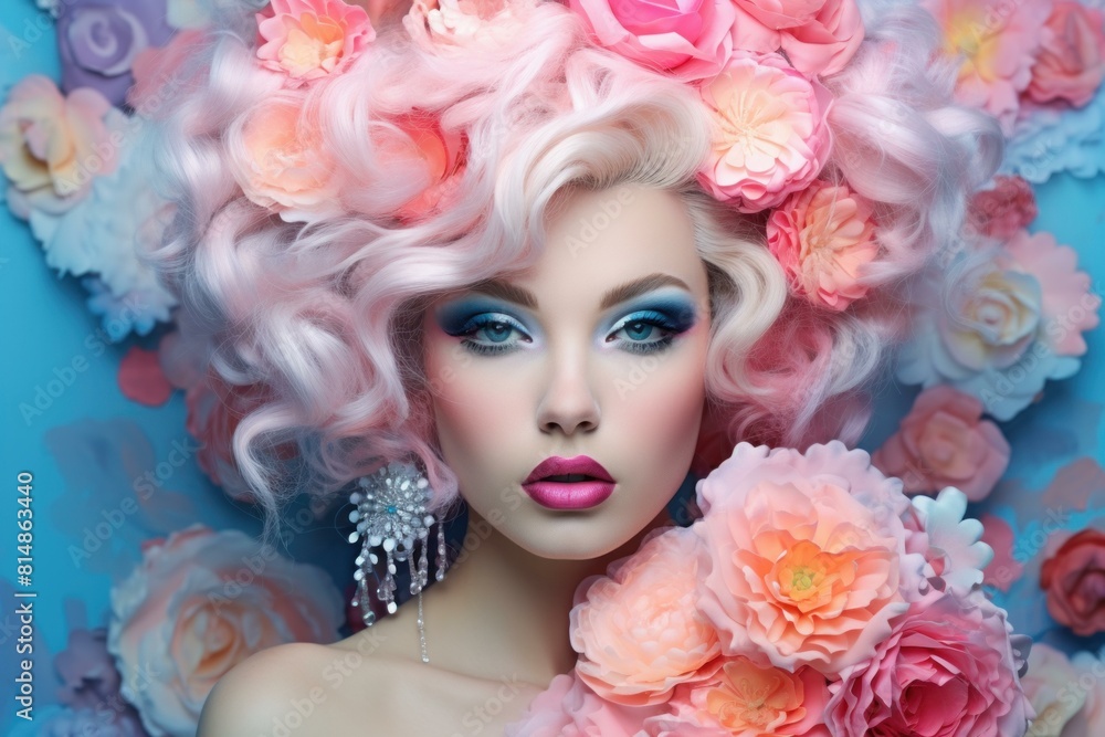 Surreal beauty portrait of a woman adorned with a blooming floral hairstyle and vibrant makeup Surreal beauty portrait of a woman adorned with a blooming floral hairstyle and vibrant makeup