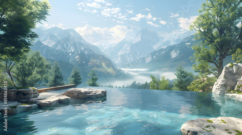 Elevated Mountain Hot Springs Offering Panoramic Views for a Soothing Gazing Experience in Photo Realistic Style