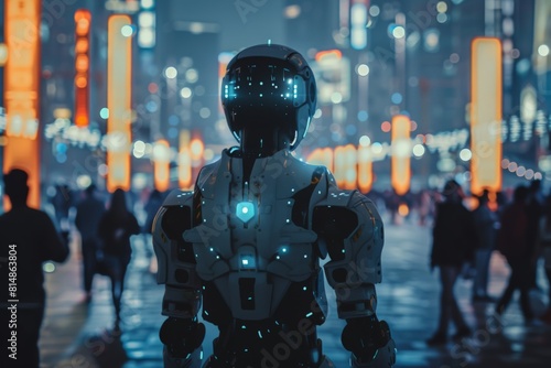 A robot stands in front of a nighttime crowd in the electric blue city streets