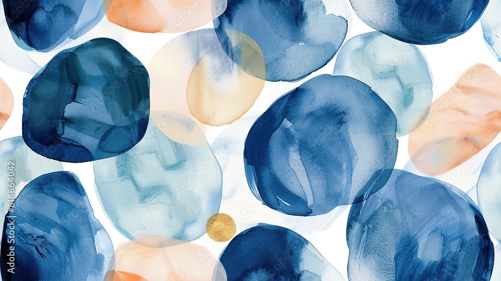 Fototapeta premium Watercolor Blue Gold Abstract seamless pattern design, wet on wet texture