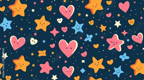 cartoonish seamless pattern doodle heart shape on black background bright cheerful color, Generative Ai 