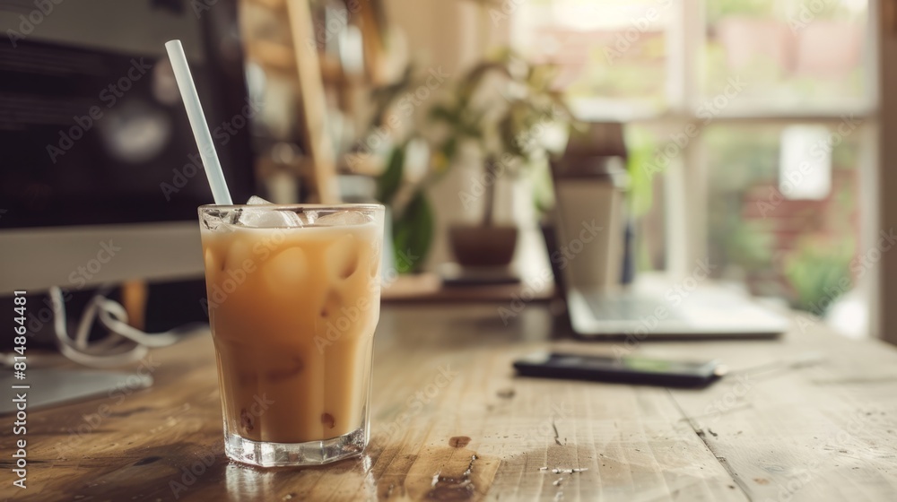 A frappe coffee on a work table in a boho-style office A frappe coffee on a work table in a boho-style office