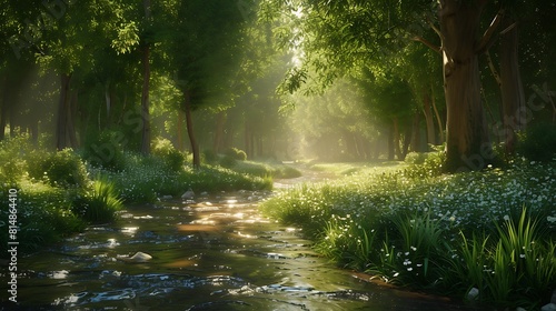 A gentle stream meandering through a lush forest, the sunlight filtering through the trees