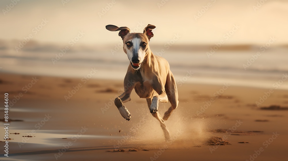 A graceful whippet racing across a sandy beach, its slender form cutting through the air with effortless grace.