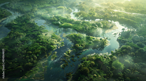  An aerial view showcasing the intricate layout of Eden, with all four rivers visible, teeming with life and diverse vegetation. 