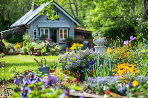 charming backyard flower garden with gardening tools and cozy house landscape photography