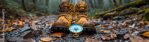 Lost in the woods. A pair of hiking boots and a compass rest on the forest floor. The path ahead is uncertain, but the compass points the way forward. photo