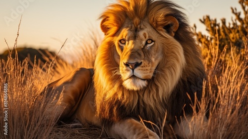 Majestic lion silhouette against a vibrant sunset  powerful wildlife in the tranquil twilight