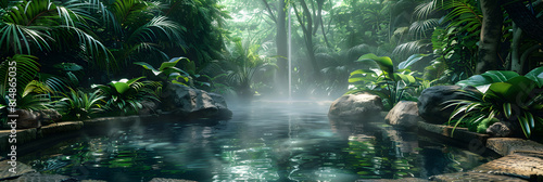 Haven in Rainforest Hot Springs  A Sanctuary of Peace Amidst Lush Foliage   Photo Realistic Concept