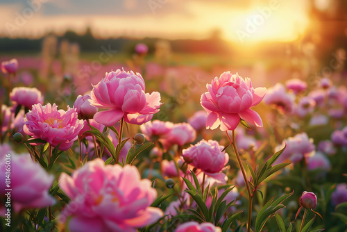 Pink peonies blooming at sunset in a vibrant rural meadow.