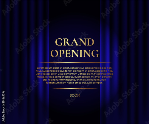 Grand Opening. Luxury banner with blue curtain and golden text. Vector illustration