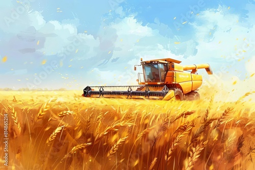 combine harvester in wheat field agricultural work rich harvest concept digital illustration