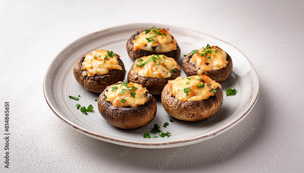 Baked stuffed mushrooms with cheese and herbs on white cooking table. Tasty food. Delicious snack Baked stuffed mushrooms with cheese and herbs on white cooking table. Tasty food. Delicious snack
