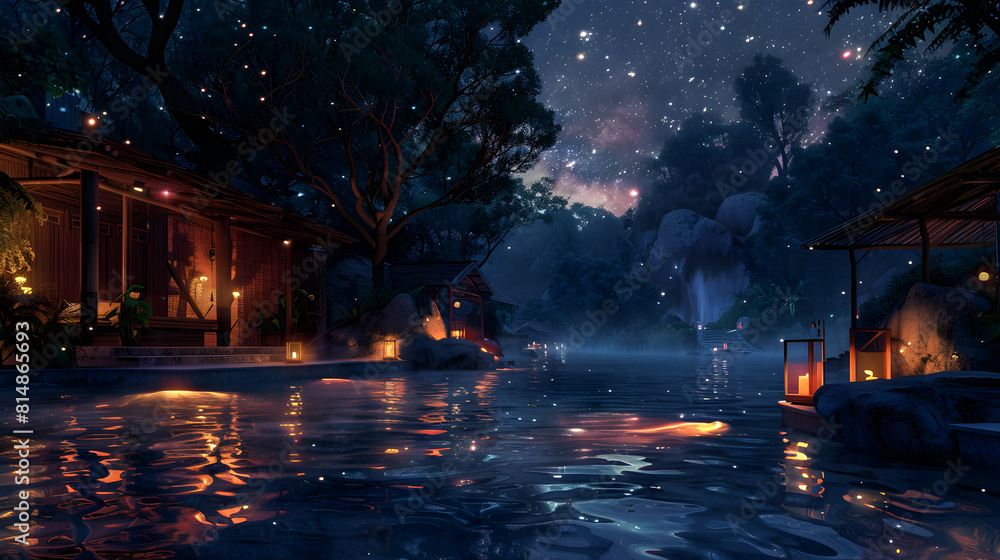 Romantic Evening Hot Springs: A serene escape for couples under the stars, Photo realistic concept capturing the intimate beauty of a quiet night at the hot springs.