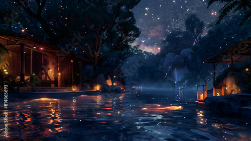 Romantic Evening Hot Springs: A serene escape for couples under the stars, Photo realistic concept capturing the intimate beauty of a quiet night at the hot springs.