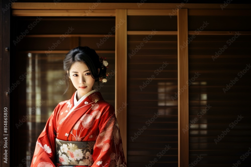 Beautiful woman poses in a vibrant red kimono with floral patterns, embodying japanese elegance Beautiful woman poses in a vibrant red kimono with floral patterns, embodying japanese elegance