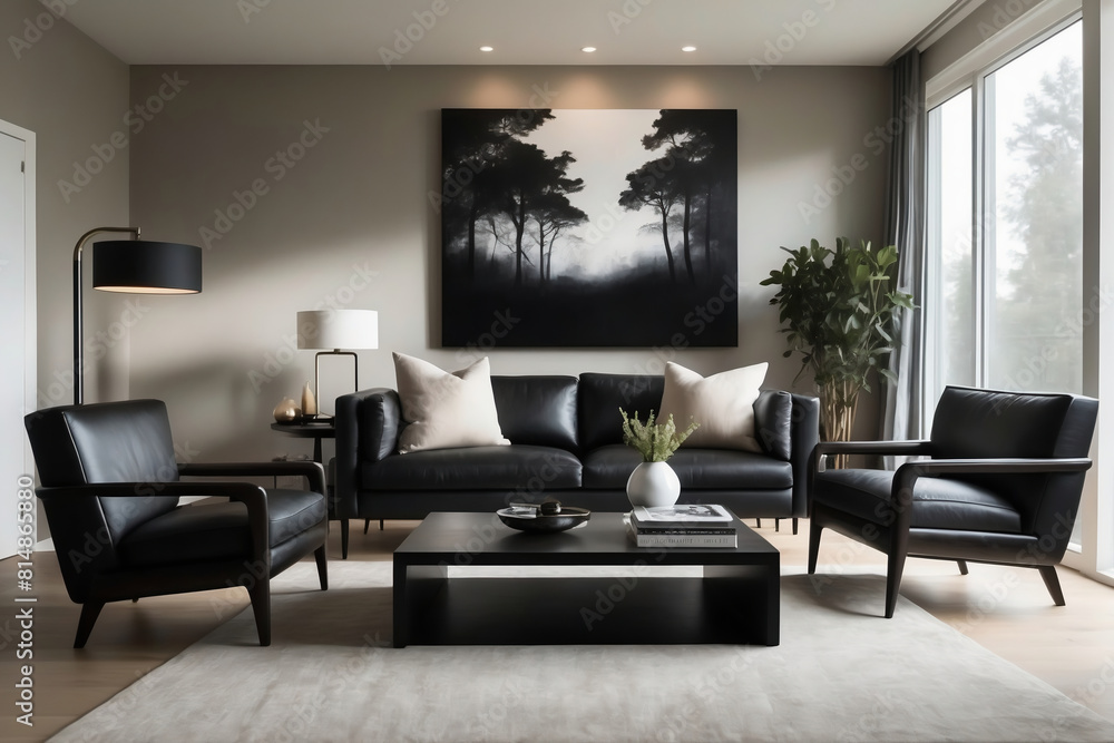 Luxurious Modern Living Room with Black Leather Sofas, Misty Forest Wall Art, and Elegant Decor Luxurious Modern Living Room with Black Leather Sofas, Misty Forest Wall Art, and Elegant Decor