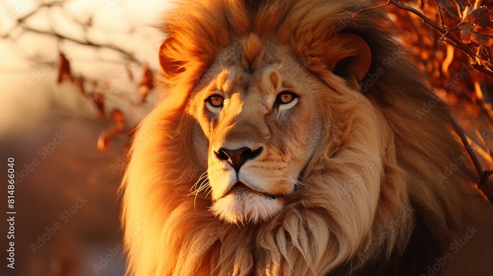 Naklejka premium Majestic lion silhouette against a colorful and vibrant sunset, wildlife at dusk