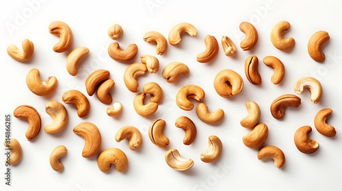 Delight in the exquisite simplicity of roasted cashews as you behold them from a top-down perspective, their alluring golden-brown shades and delectable textures presented against a clean white surfac photo