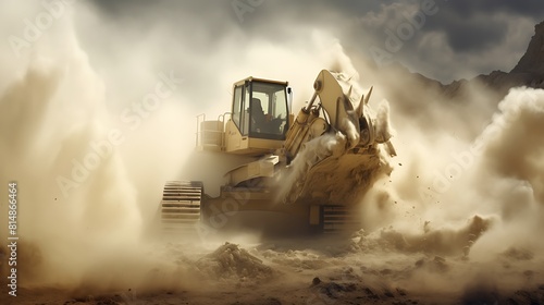 Dust clouds billowing as a bulldozer clears debris from a construction site  revealing the groundwork for future buildings and infrastructure