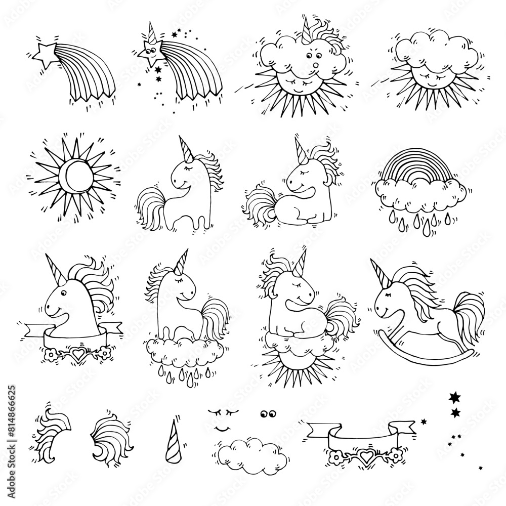Set with unicorns, clouds, suns, stars, rain drops and rainbow. Hand drawn linear vector illustration Set with unicorns, clouds, suns, stars, rain drops and rainbow. Hand drawn linear vector illustration
