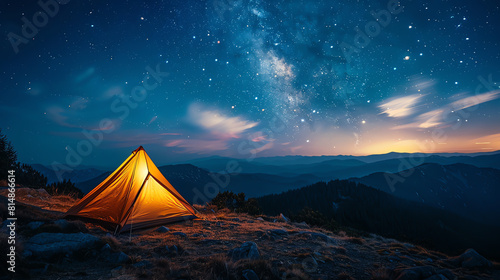 Generate a cinematic landscape image of a tent at night