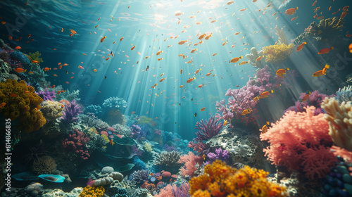 An underwater coral reef scene, teeming with colorful marine life. PBR textures render the water and organisms realistically, while light rays filter beautifully through the water.