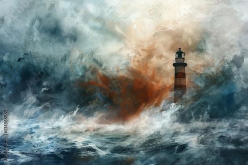 distant lighthouse standing tall amidst swirling stormy clouds and pouring rain dramatic seascape digital painting