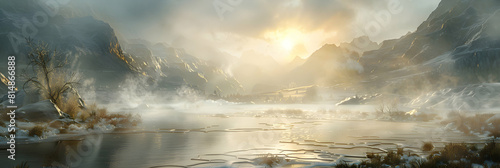 Photo realistic depiction of Steamy Valley Hot Springs: A mystical thermal landscape in a misty valley with steam rising from natural hot springs creating an inviting and enchantin photo