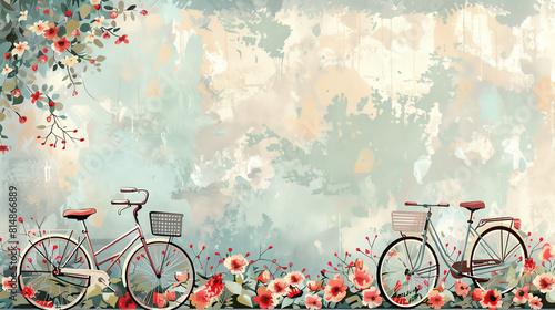 Two vintage bicycles with baskets are parked in a field of flowers. The background is a soft, textured blue-green. The image has a warm, nostalgic feel. © Parinwat Studio