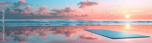 The yoga mat is placed on the beach, with the ocean in the background photo