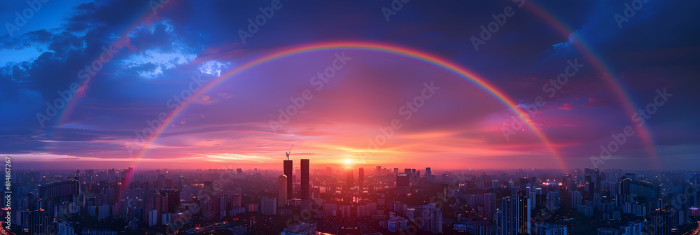 Captivating Suburban Sunset Rainbow: A photo realistic concept of a suburban skyline bathed in the warm glow of a sunset rainbow, offering residents a stunning view at day s end