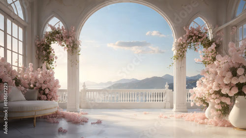 empty arch hall with pink roses photo