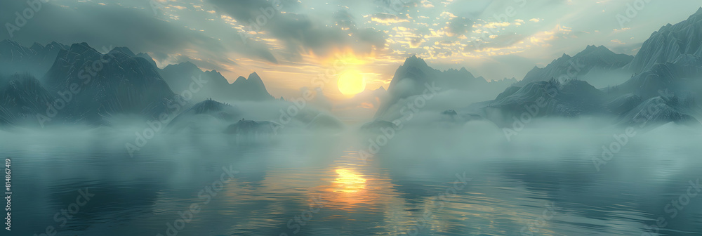 Photo realistic Sunrise Over Misty Mountains: Early rays of sun piercing mist over mountains for breathtaking natural wallpapers concept in Adobe Stock Photo