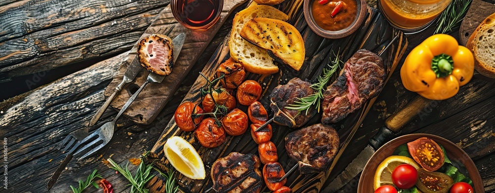 Fototapeta premium BBQ with grilled food, top view banner.